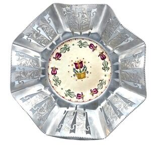 American Limoges Old Dutch Tulips Pattern Farber Shlevin Aluminum Wavy Bowl 12"